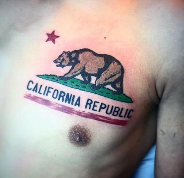 California Replublic Flag Bear Chest Tattoo For Men