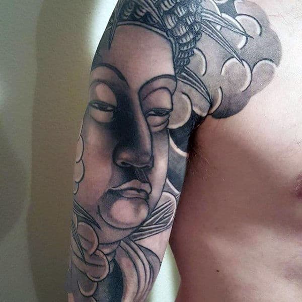 Calm Buddha Portrait Tattoo On Arms For Guys