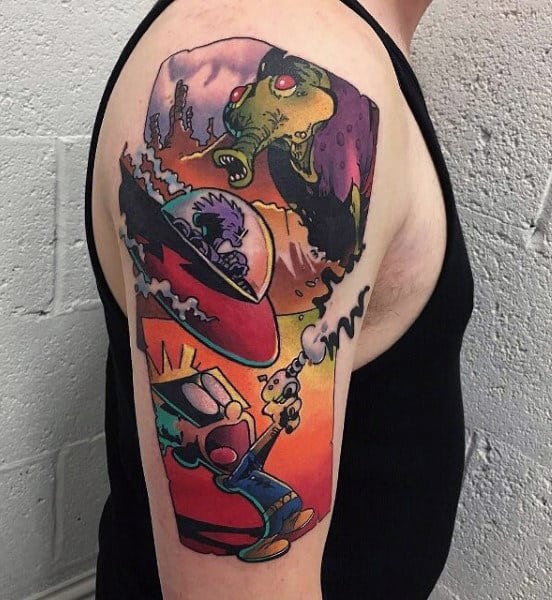 Calvin And Hobbes Alien Mens Upper Arm Colorful Tattoo