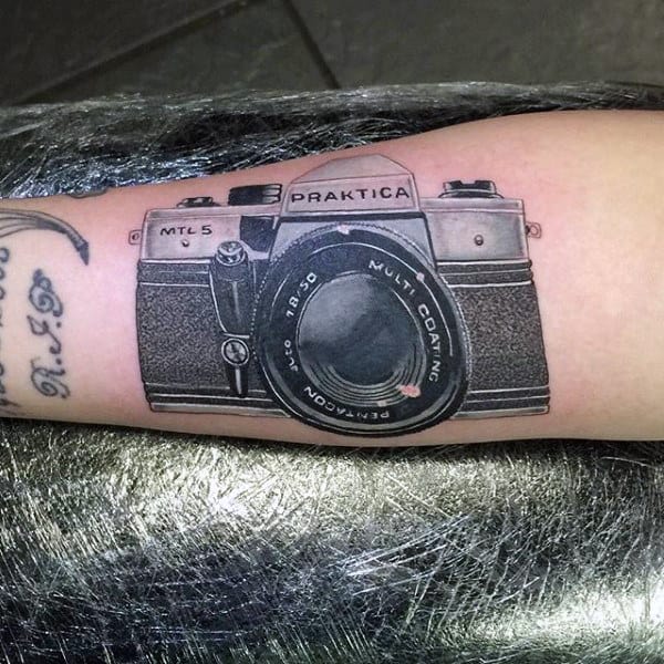 Camera Of An Olden Era Tattoo Male Forearms