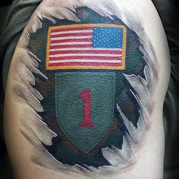 Camouflage Army Tattoo For Men With American Flag Patch Ripped Skin Design