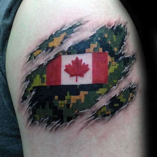 Canadian Flag With Digital Camouflage Mens Torn Skin Upper Arm Tattoos