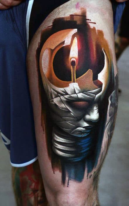 Candle Flame Abstract Tattoos For Men On Upper Leg Thigh