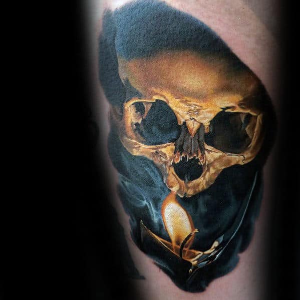 Candle Glowing With Skull Mens Realistic Thigh Tattoo Designs