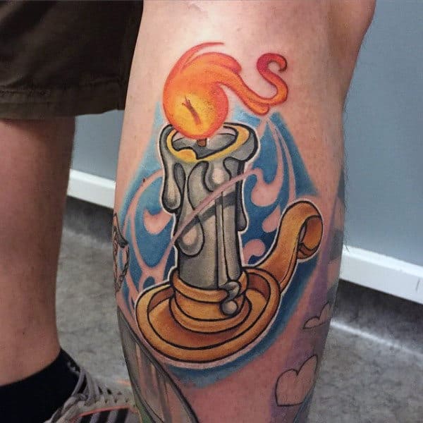 Candle Male Flame Tattoo On Leg Calf