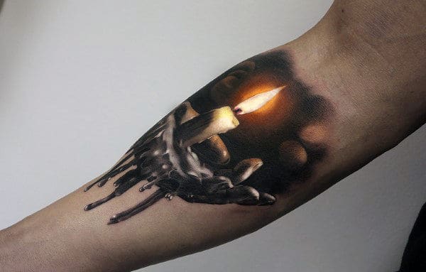 Candle With Almost Real Flame Tattoo Mens Forearm