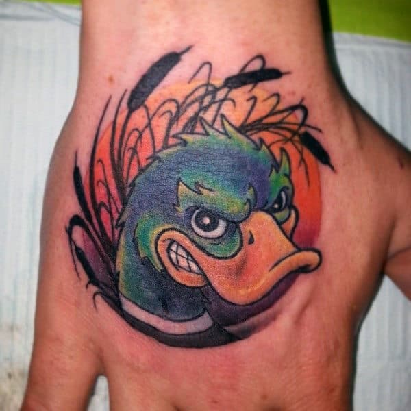 Cartoon Angry Duck Hand Tattoo For Guy