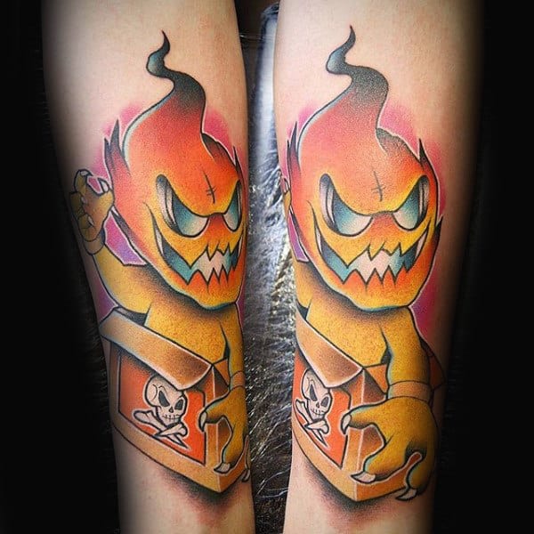 Cartoon Fire Mens Forearm Tattoo
