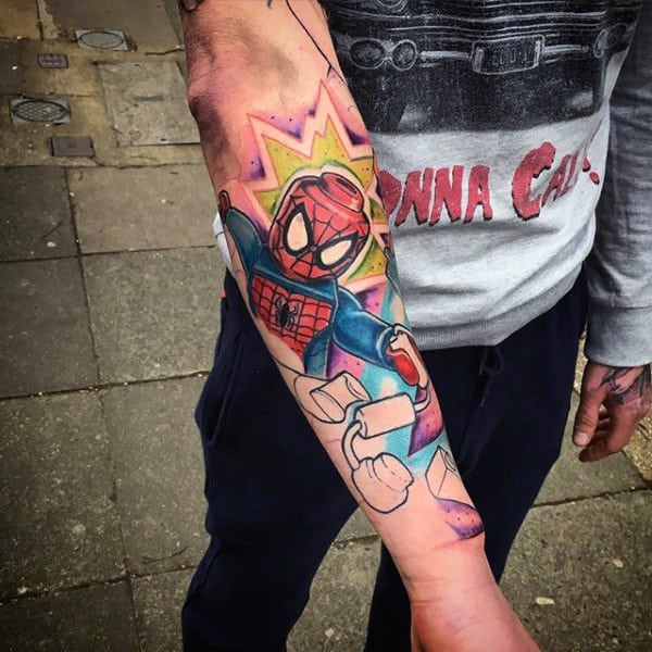 Cartoon Spiderman Tattoo Male Forearms