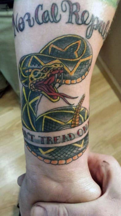 Cartoon Style Snake With Dont Tread On Me Text On Guys Wrist