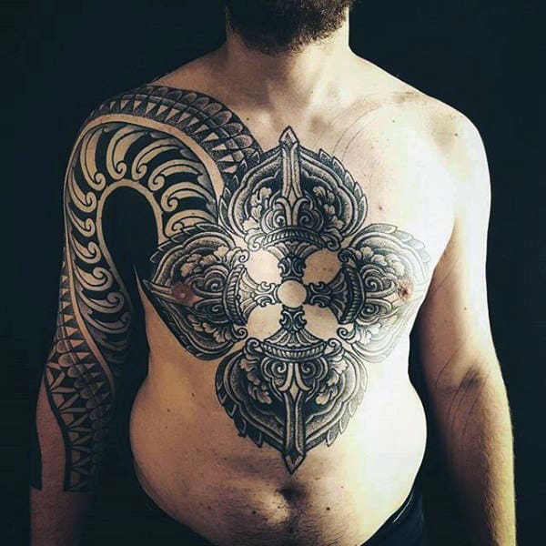 Carved Design Dotwork Tattoo On Torso And Sleeves Men
