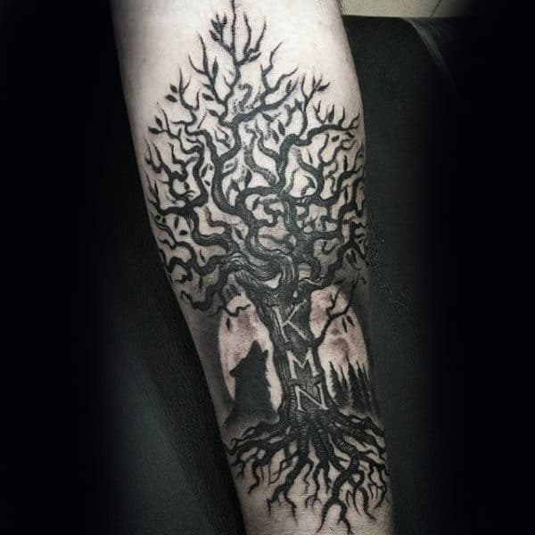 Carved Intitals In Tree Mens Forearm Tattoos