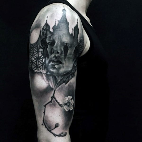 Castle Cherry Blossom Tree Mens Portrait Half Sleeve Tattoo