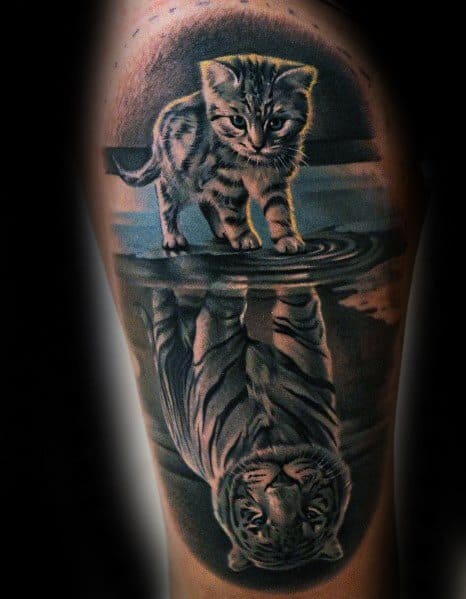 Cat Reflection Tiger Thigh Tattoo Designs On Men