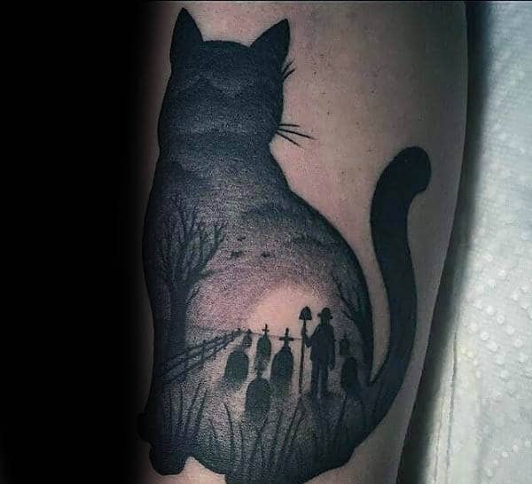 Cat Silhouette Graveyard Male Arm Tattoos
