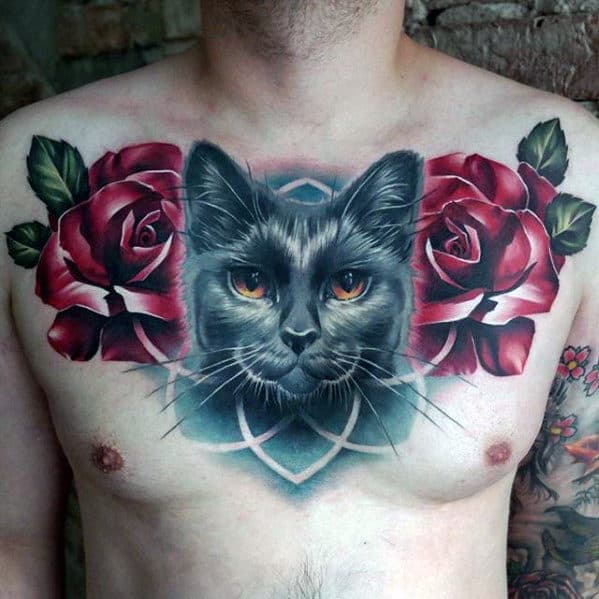 Cat With Rose Flowers Mens Realistic Badass Upper Chest Tattoo