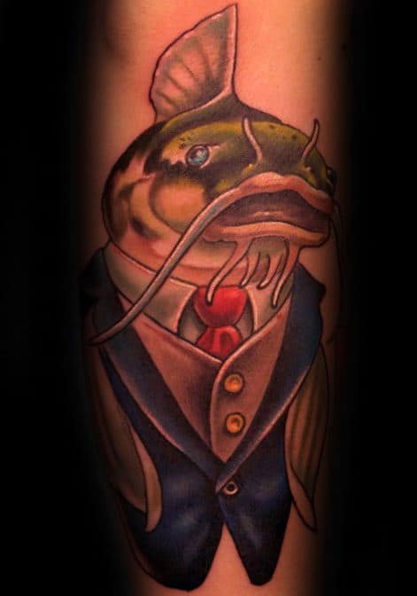 Catfish Wearing Business Suit Mens Forearm Tattoo