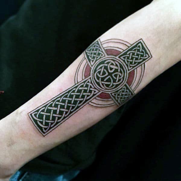 Celtic Cross Male Forearm Tattoo With Black And Red Ink