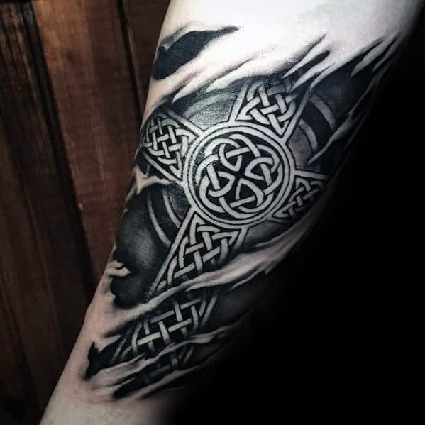 Celtic Cross With Ripped Skin Design Mens Badass Tattoo On Forearm