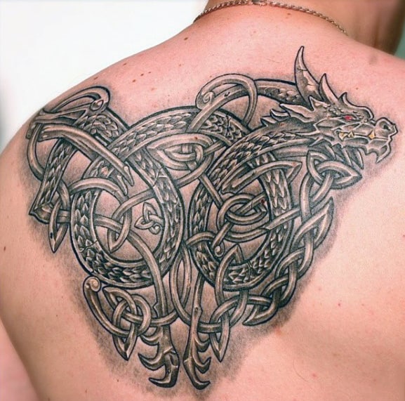 Celtic Dragon Male Shaded Upper Back Tattoo