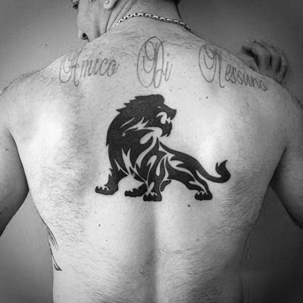 Center Of Back Tribal Lion Black Ink Guys Tattoos