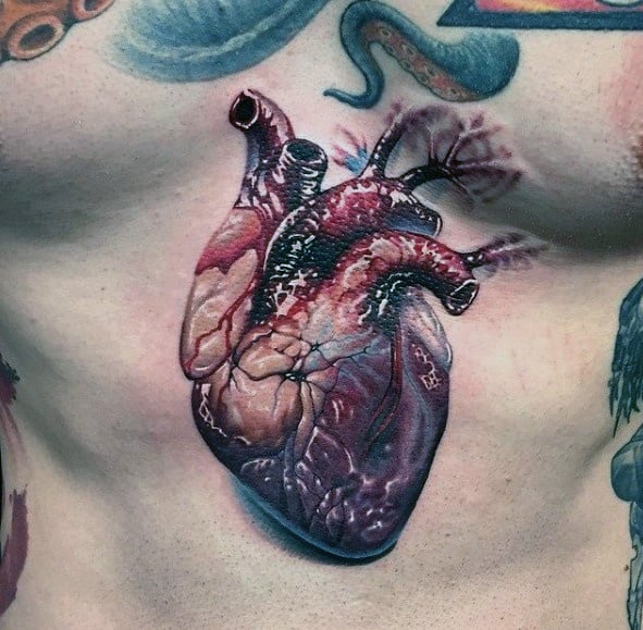 Center Of Chest Guys 3d Heart Tattoo Design Ideas