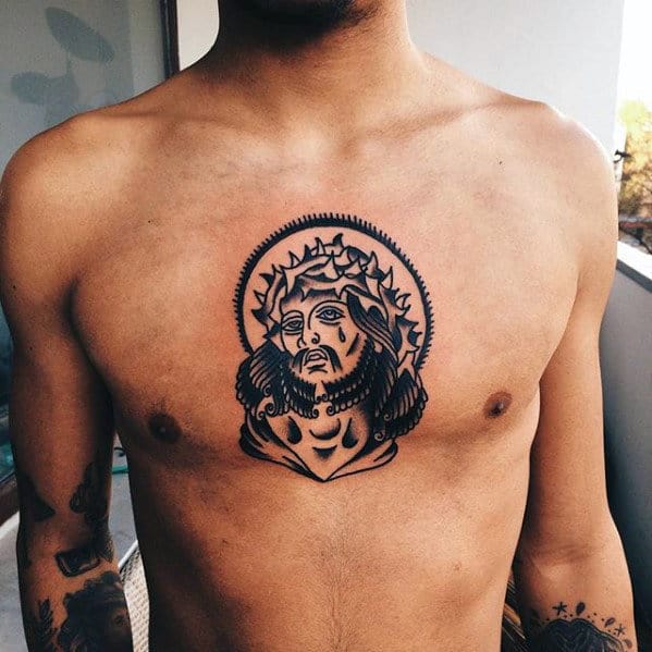 Center Of Chest Traditional Jesus Tattoo For Men
