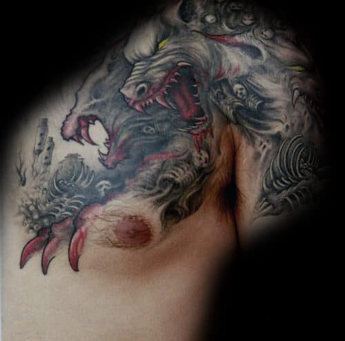 Cerberus With Claws Mens Shoulder And Chest Tattoo