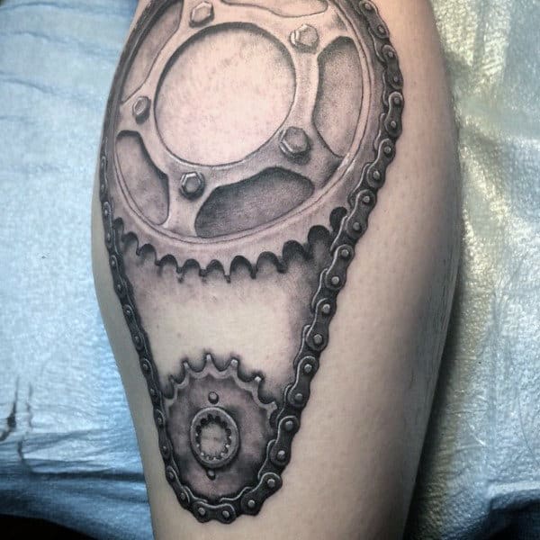 Chain With Sprockets Mens Leg Tattoos With 3d Design