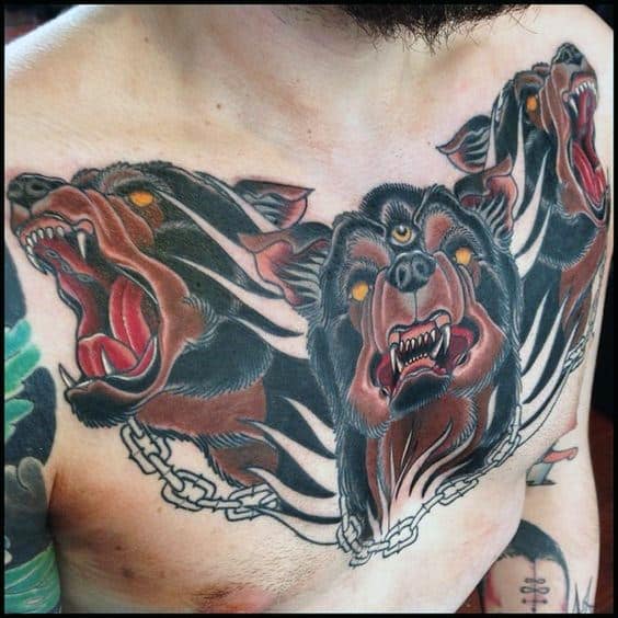 Chained Cerberus Mens Old School Traditional Chest Tattoos