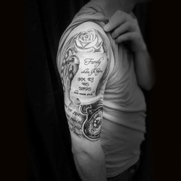 Chained Clock And Rose Touching Words Family Tattoo Guys Forearms