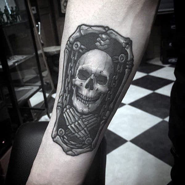 Chains With White Ink Skull And Skeleton Hand Mens Inner Forearm Tattoos