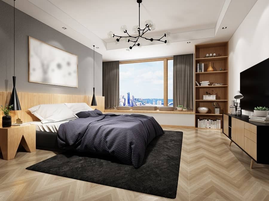 modern apartment bedroom with city view