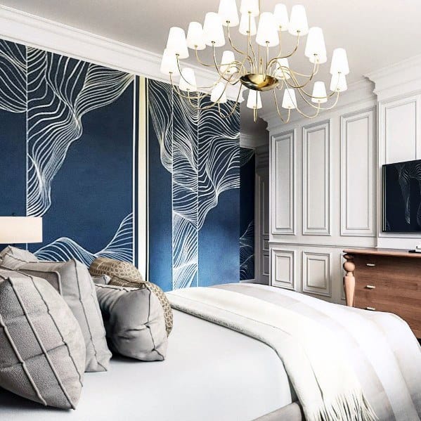 striking blue wallpaper with white lines modern bedroom