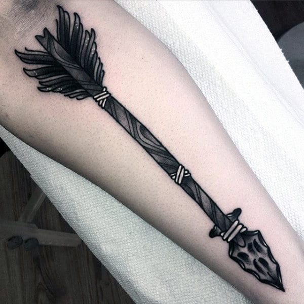 Charcoal Colored Long Arrowhead Tattoo Forearms Male