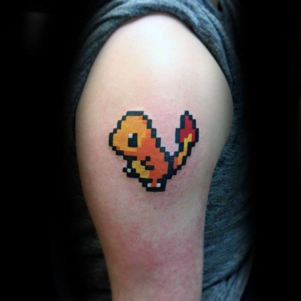 Charmander Pokemon Upper Arm Pixel Tattoos Men