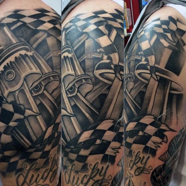 Checkered Flag And Piston Tattoos For Men