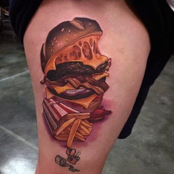 Cheese Filled Burger And Fries Food Tattoo On Male Arms