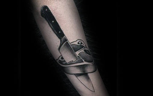 Chef Knife Through Steak Mens Forearm Tattoos