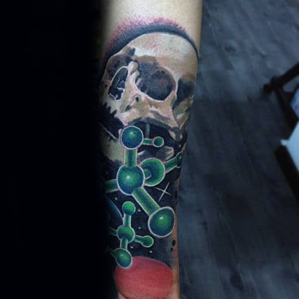 Chemistry Skull Artistic Forearm Sleeve Tattoo On Gentleman