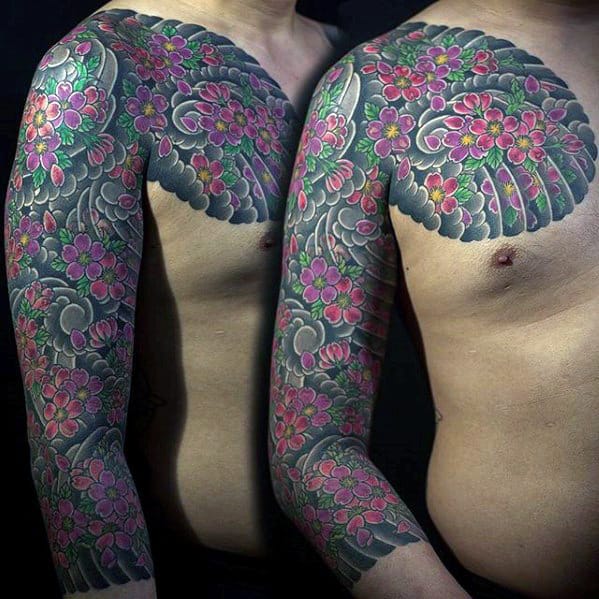 Cherry Blossom Guys Japanese Flower Half Sleeve Tattoo Design Ideas.