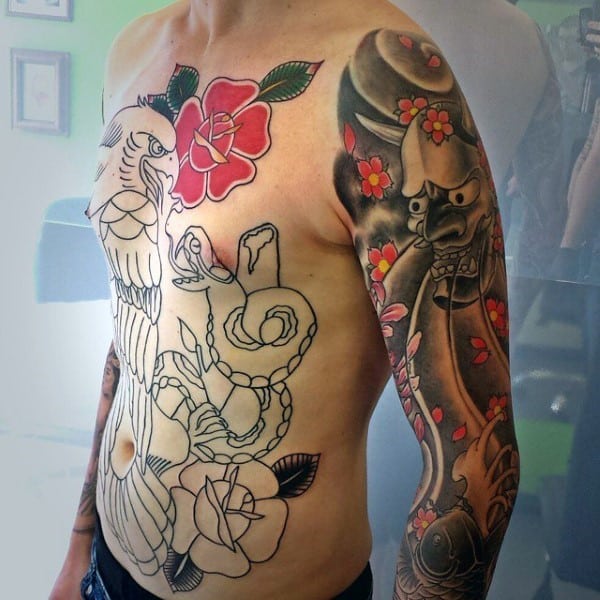 Cherry Blossoms Mens Demon Mask Japanese Tattoo Ideas