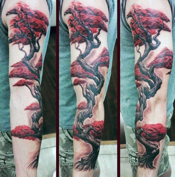 Cherry Bonsai Tree Mens Arm Sleeve Tattoos