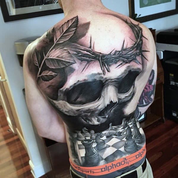 Chess Board And Big Skull Manly Tattoo Male Full Back