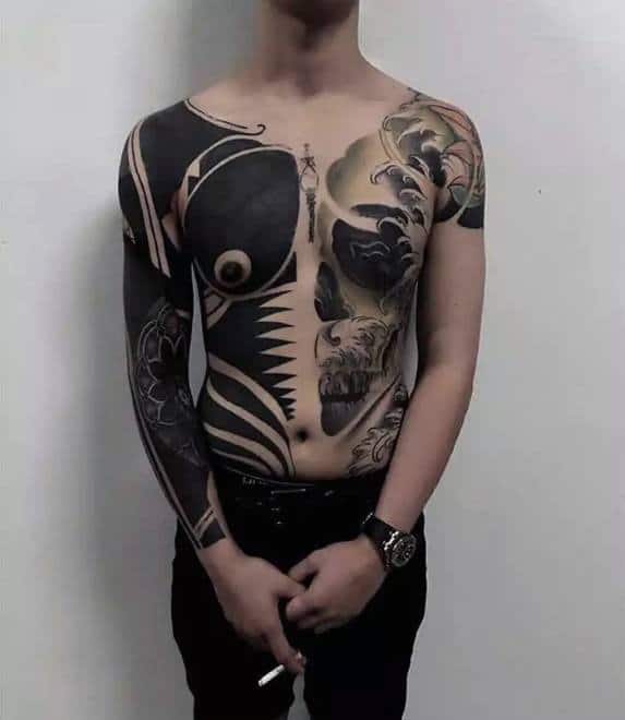 Chest All Black Ink With Half Skull Tattoo For Gentlemen