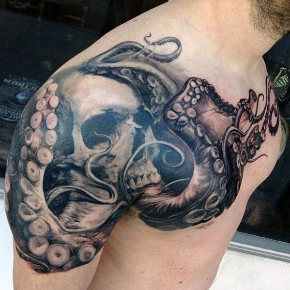 Chest And Arm 3d Male Cool Octopus Skull Tattoo Ideas