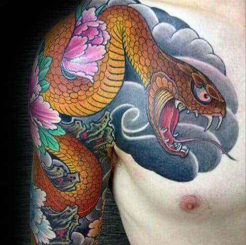 Chest And Arm Clouds With Orange Japanese Snake Tattoo Ideas For Males