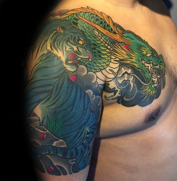 Chest And Arm Distinctive Male Tiger Dragon Tattoo Designs