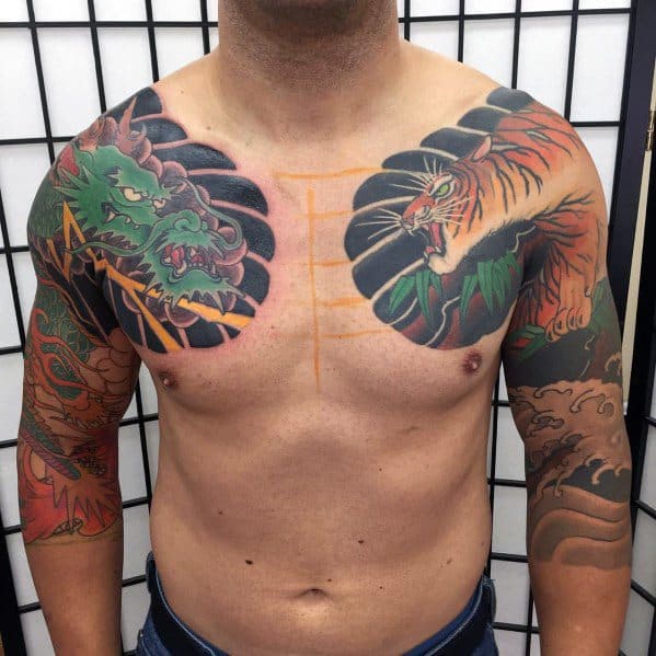 Chest And Arms Mens Tiger Dragon Tattoo Ideas