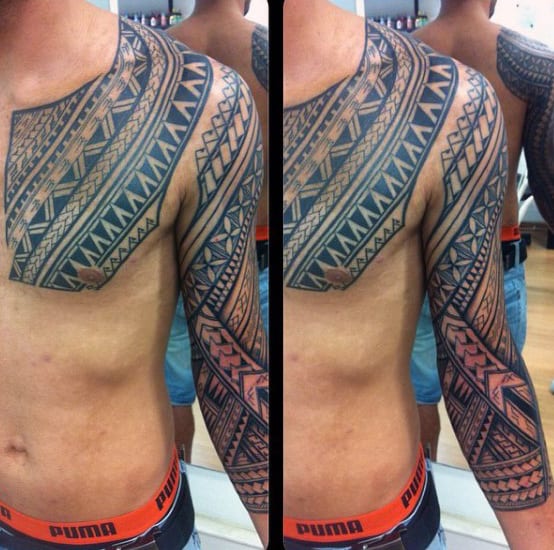 Chest And Half Sleeve Guys Samoan Tribal Tattoos